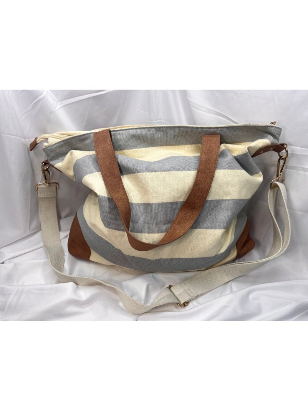 Gray Cream Striped Canvas Weekender Bag Tan Trim Shoulder Strap Travel Tote